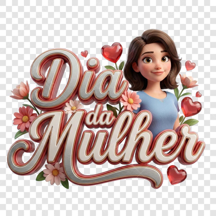 Selo 3D Dia da Mulher com Personagem e Flores PNG Transparente