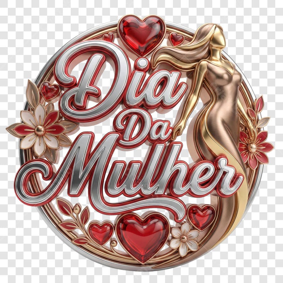 Selo 3D Dia da Mulher Metalizado Dourado e Prata PNG Transparente
