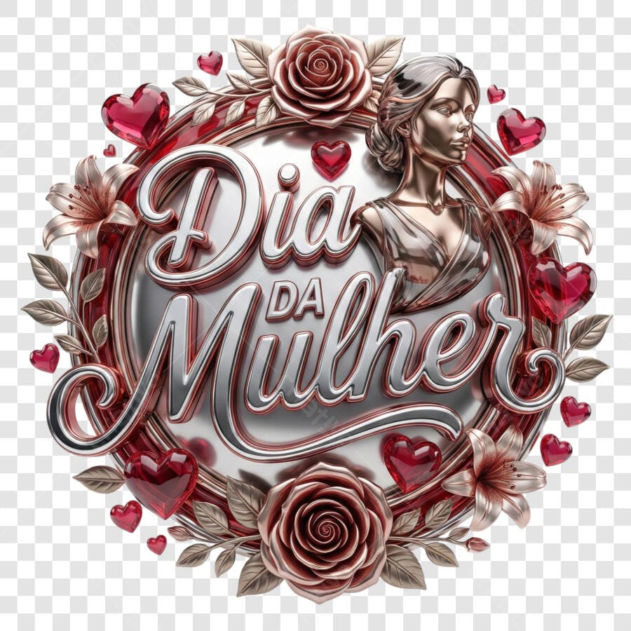 Selo 3D Dia da Mulher Prata Metalizado com Rosas PNG Transparente