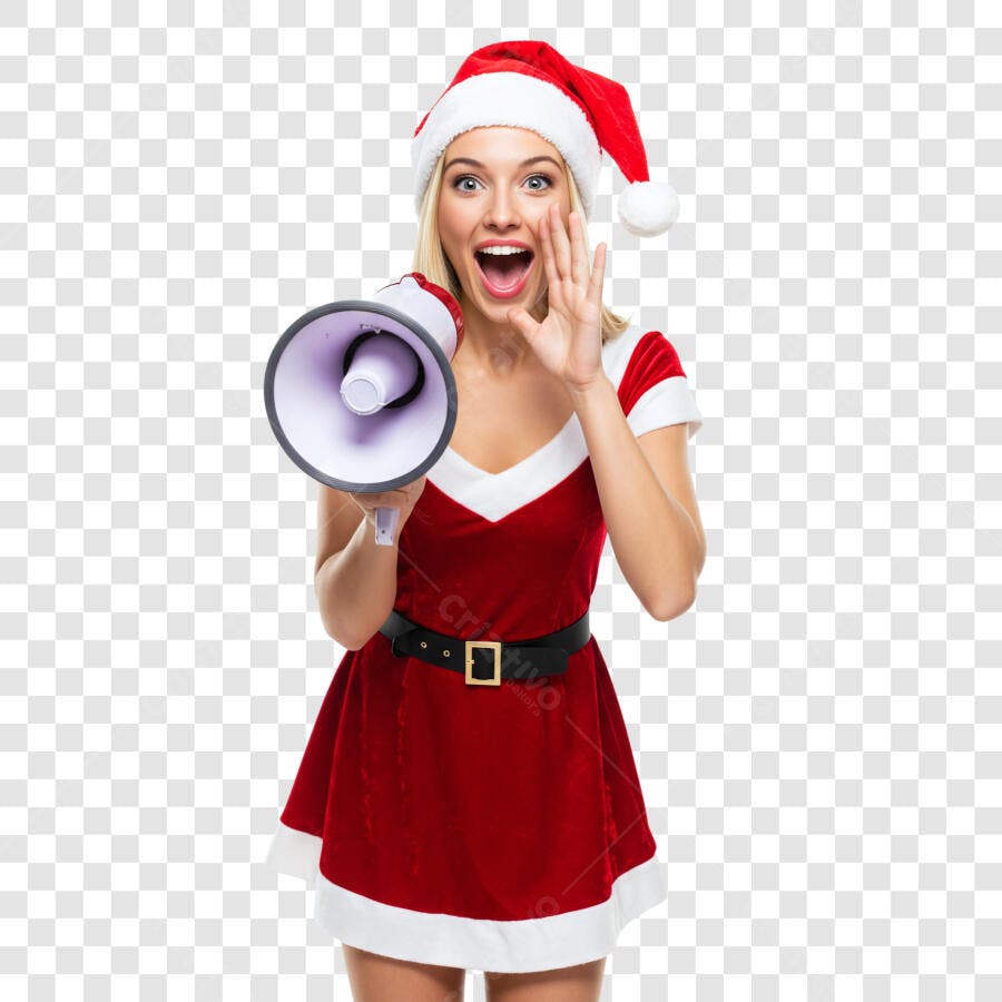 Mulher Mamãe Noel Anunciando Promoção Natalina PNG com fundo transparente