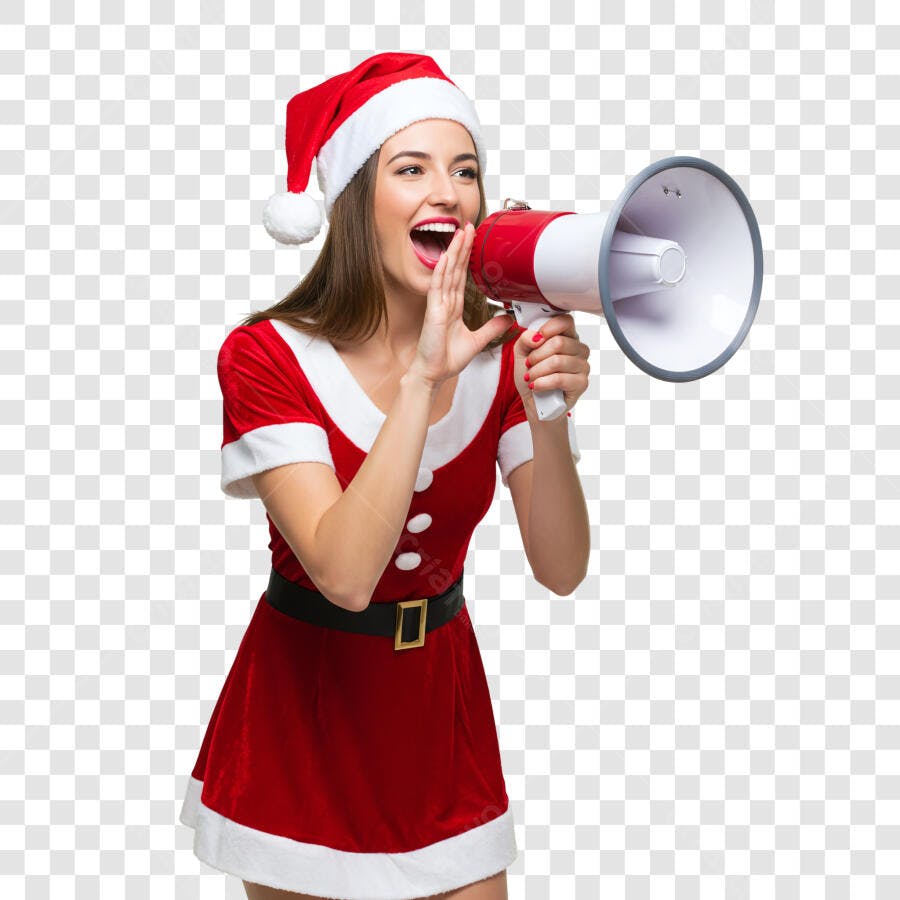 Mulher Jovem Mamãe Noel Com Megafone Anunciando Ofertas Natal PNG Com Fundo Transparente