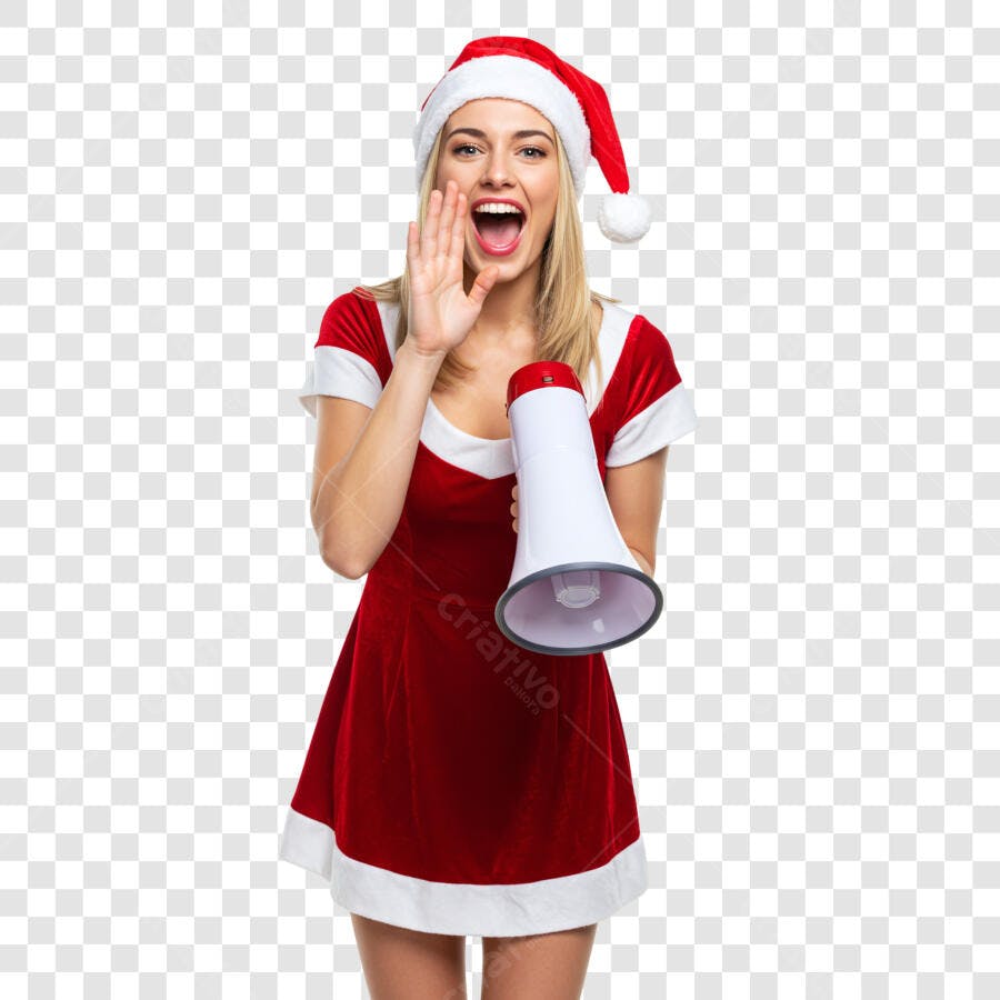 Post Instagram Mulher Papai Noel anunciando promoção com megafone PNG com fundo transparente