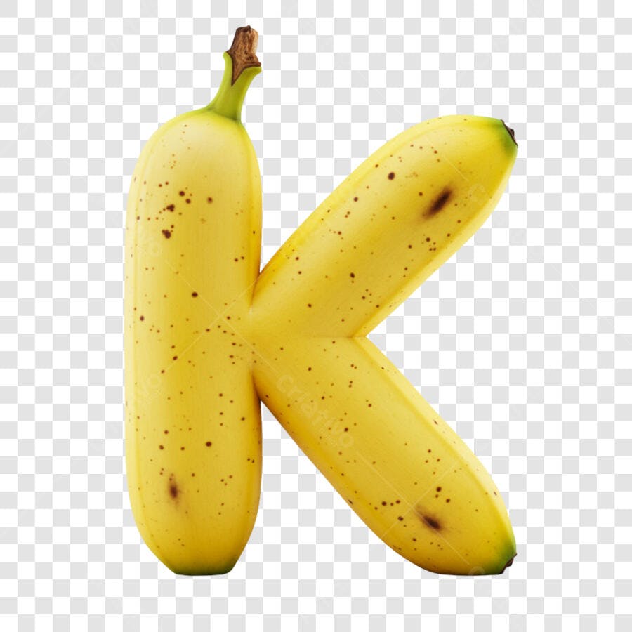 Letra K de banana amarela realística PNG com fundo transparente