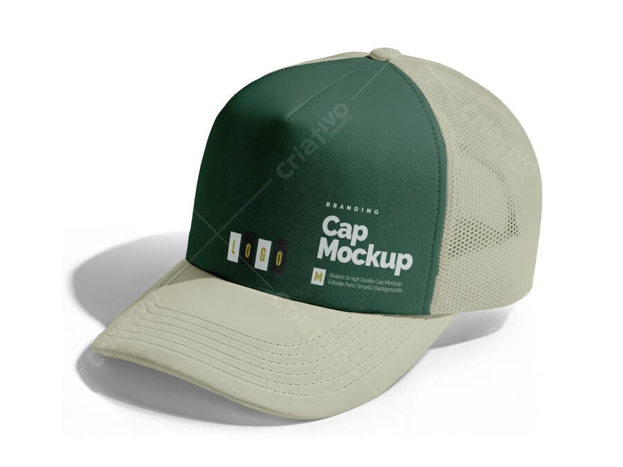 Mockup Boné Trucker Verde e Bege Fundo Branco Editável