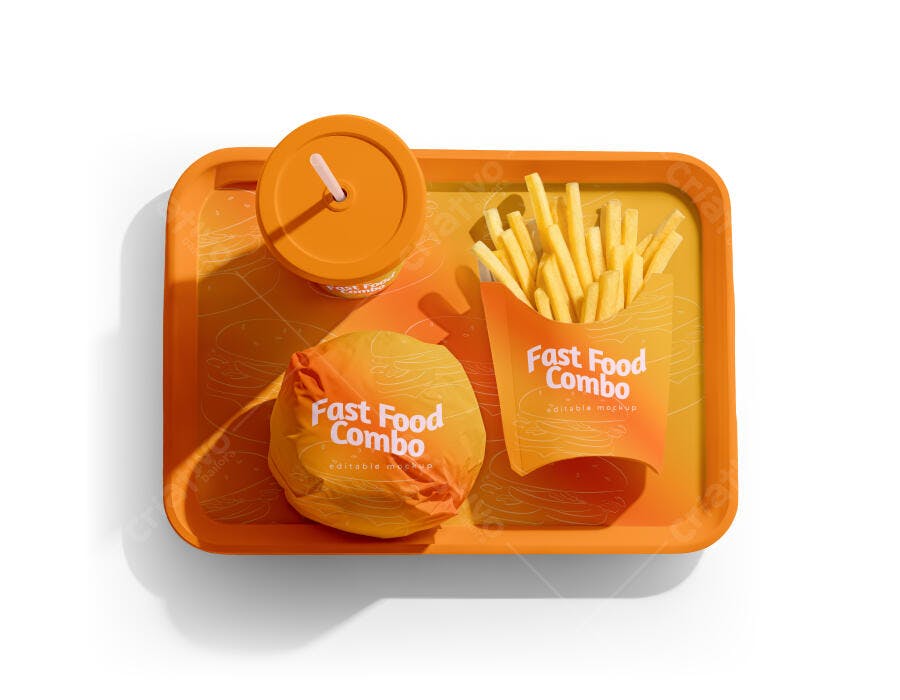 Mockup Combo Fast Food Bandeja Lanche Vista Superior Editável