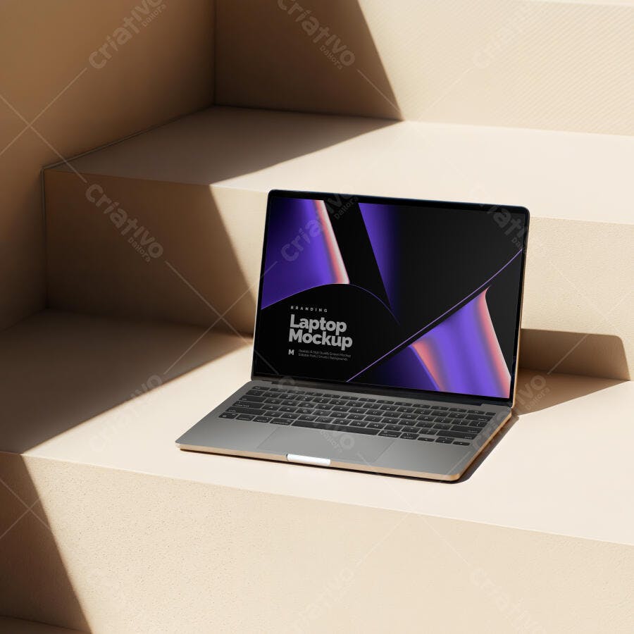 Mockup Notebook Moderno Fundo Escadas Minimalista Editável