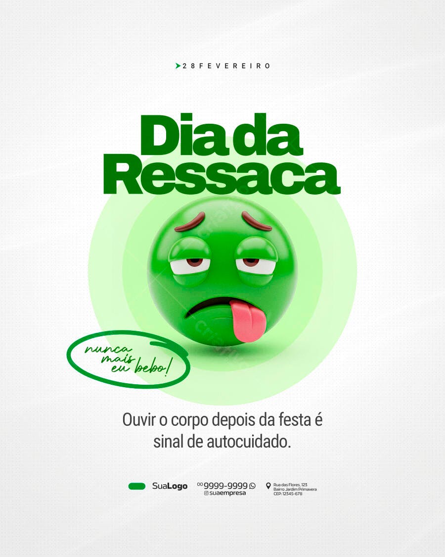 Post Dia da Ressaca 28 Fevereiro Autocuidado PSD Editável