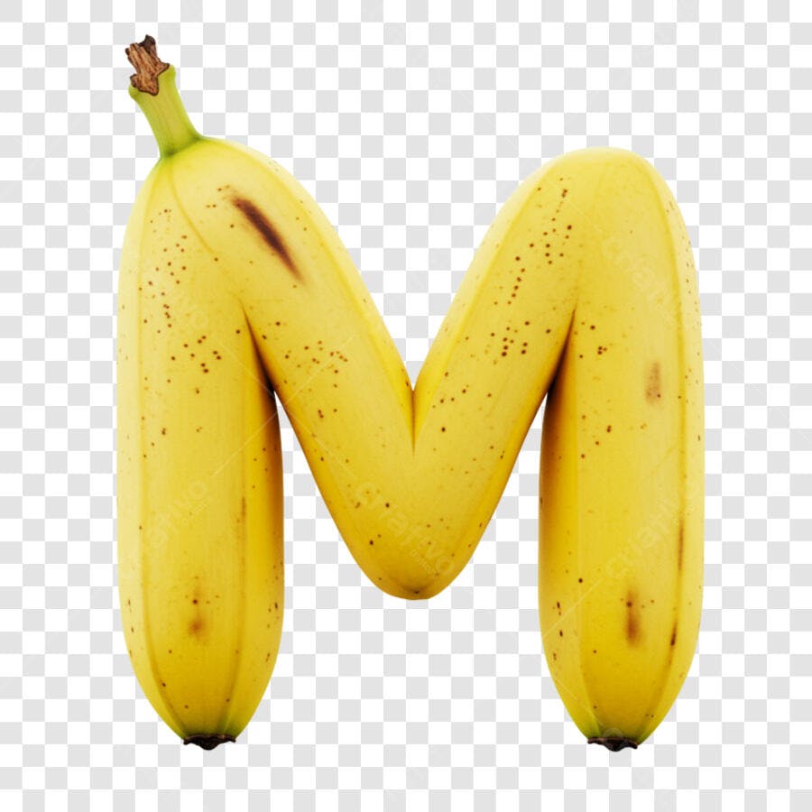 Letra M de banana amarela com pintas marrons PNG com fundo transparente