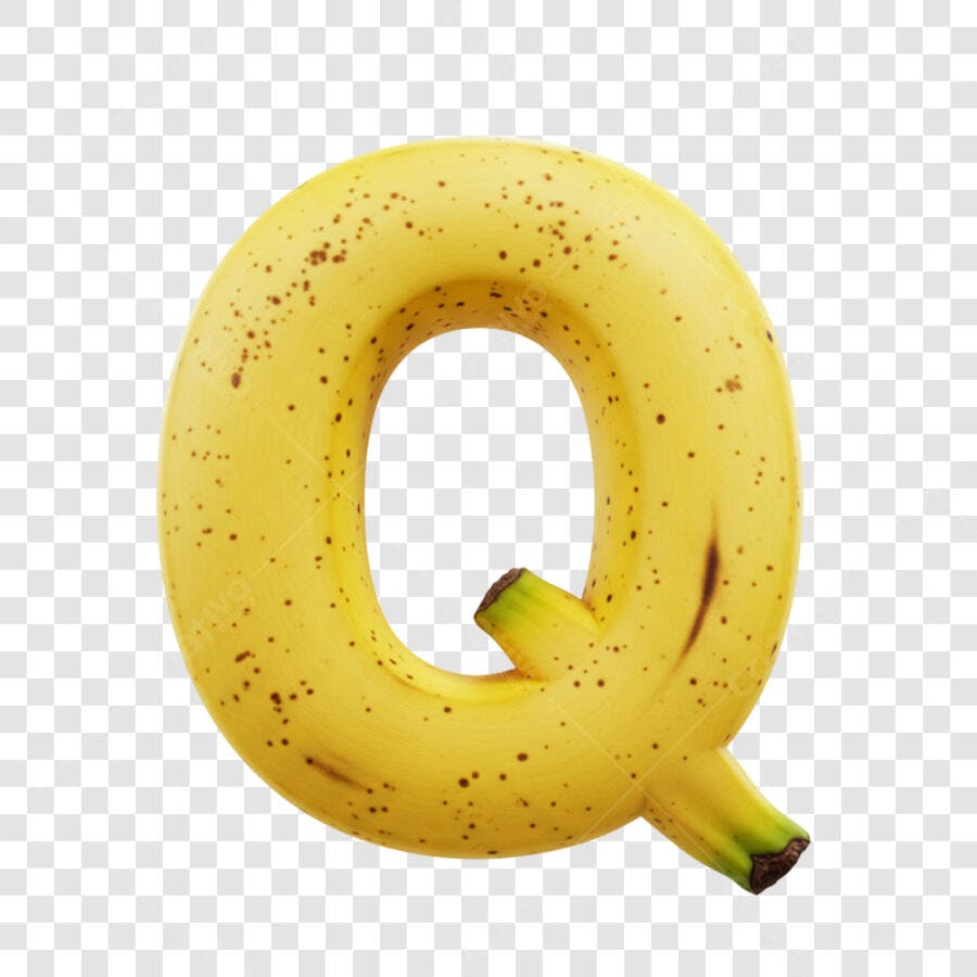 Letra 3D Q de banana amarela com manchas marrons PNG com fundo transparente