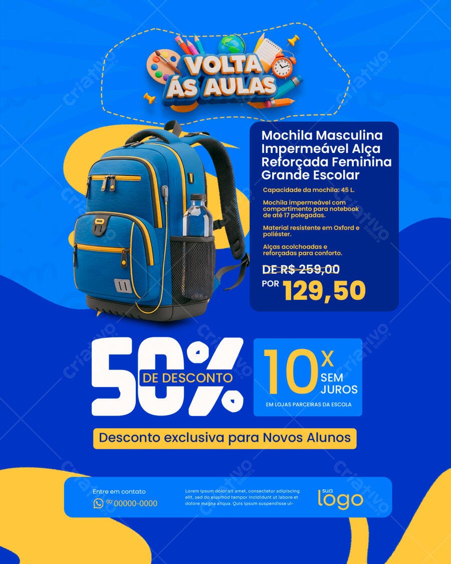 Flyer Volta às Aulas Mochila Escolar PSD Editável