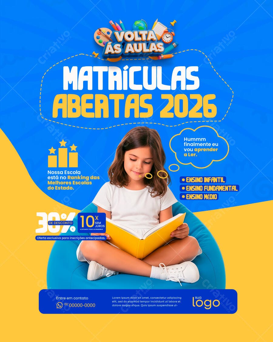 Flyer Volta às Aulas Matrículas Abertas Escola PSD Editável