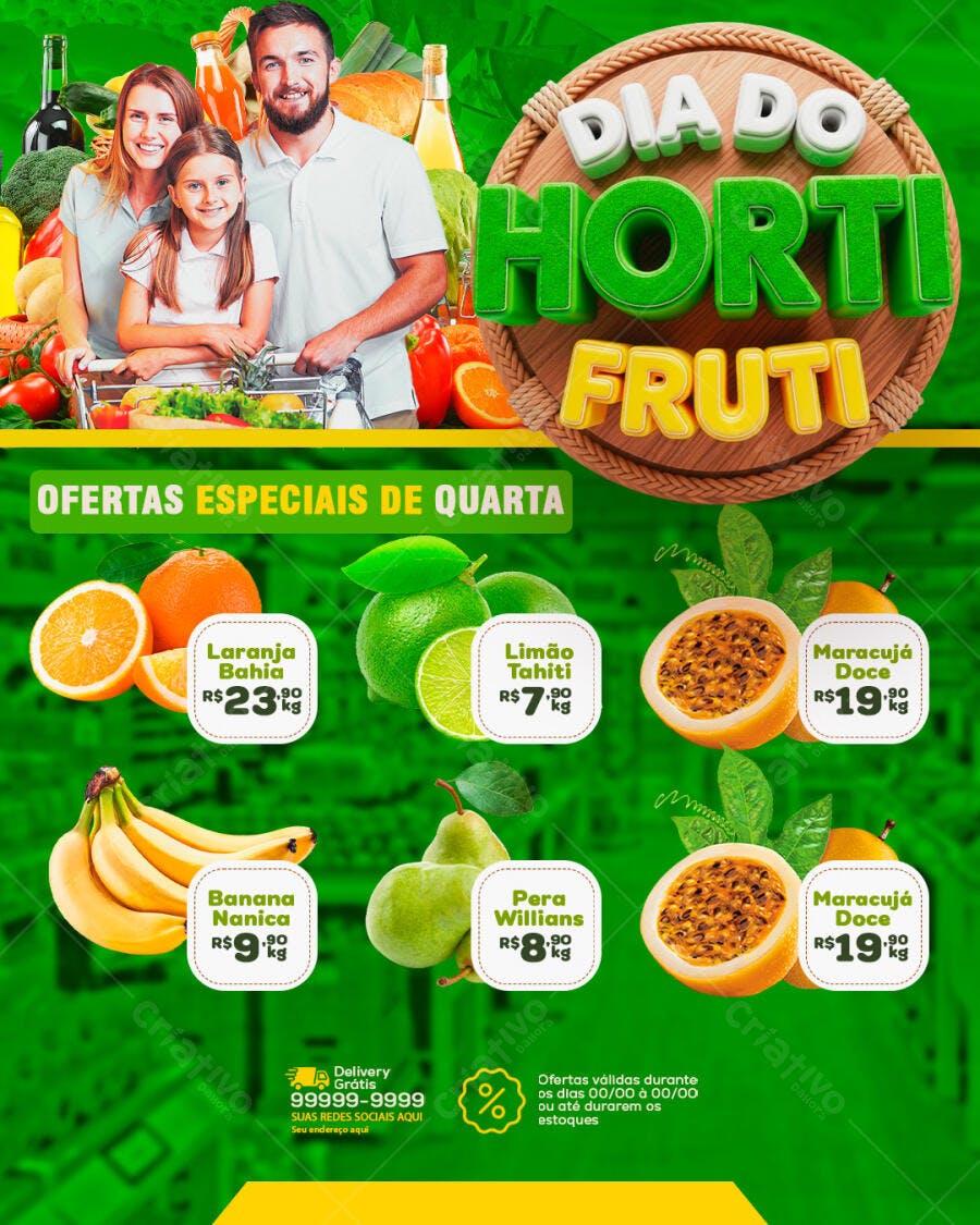 Flyer Dia do Hortifruti Ofertas Supermercado PSD Editável