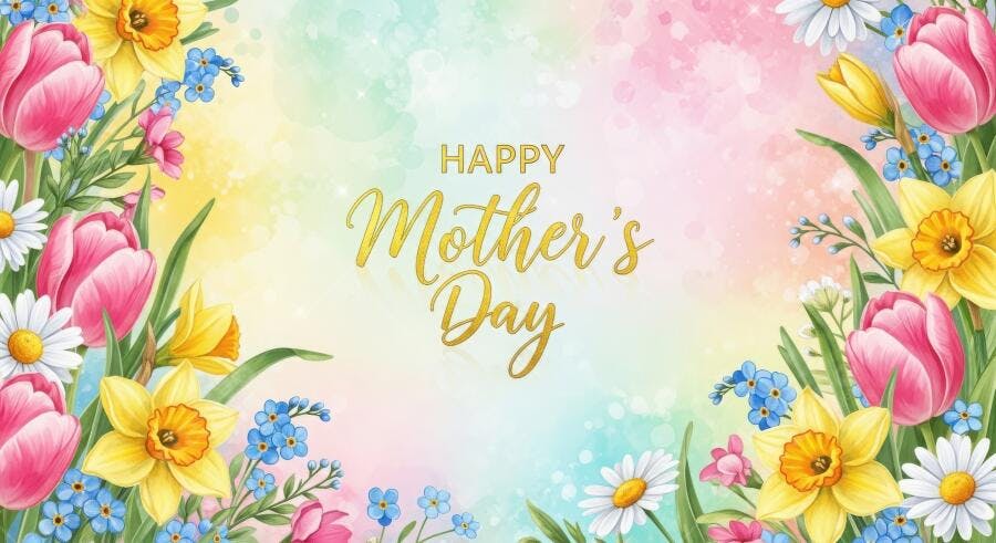 Happy Mother's Day Flores Tulipas Narcisos Margaridas Fundo Colorido