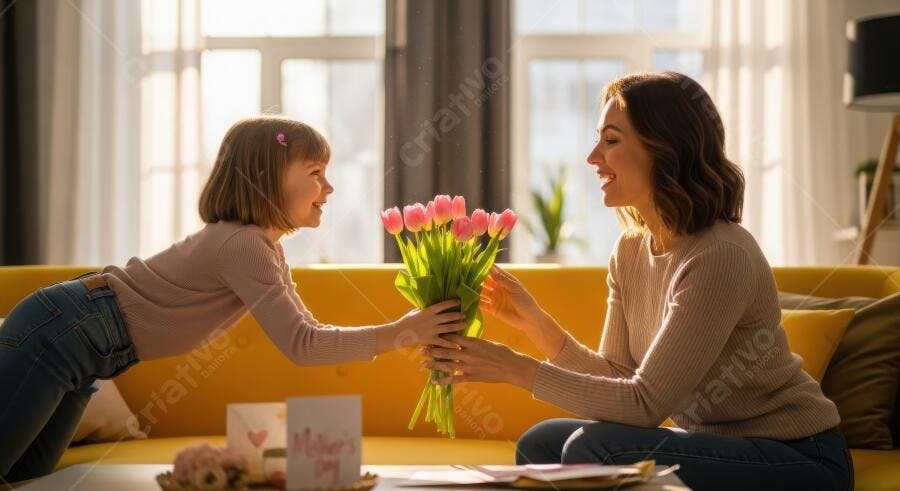 Foto Menina Presenteando Mãe com Flores Dia das Mães