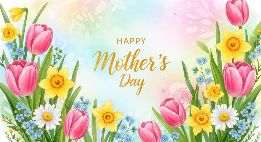 Happy Mother's Day Flores Tulipas e Narcisos Fundo Colorido