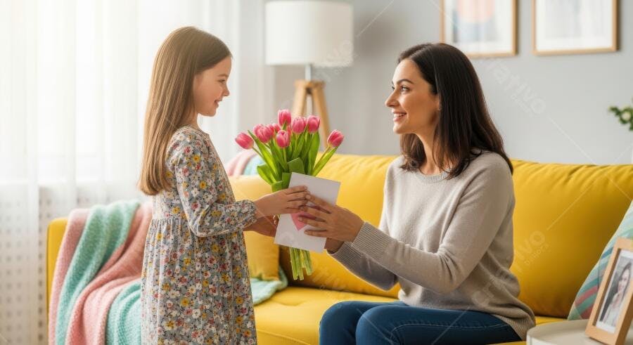 Foto Menina Entregando Flores para Mãe Dia das Mães
