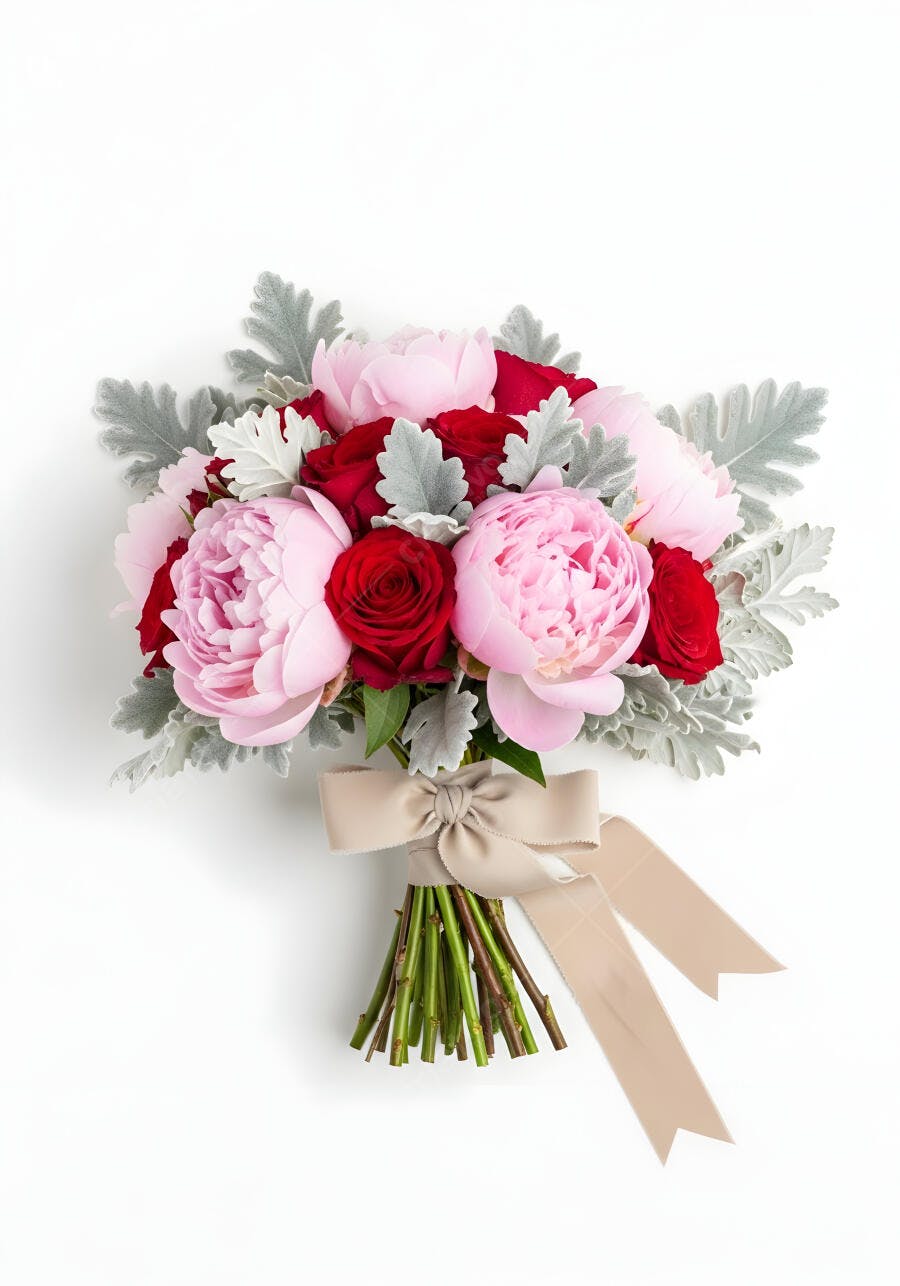 Foto Buquê Rosas Peônias Vermelhas Rosadas Fundo Branco