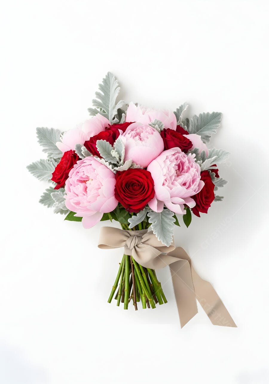 Foto Buquê Rosas Peônias Rosa Vermelho Fundo Branco