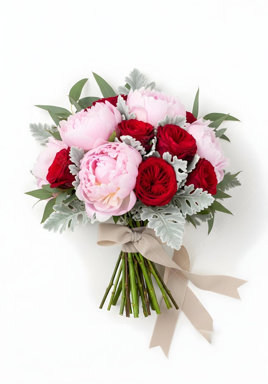 Foto Buquê de Peônias Rosas e Rosas Vermelhas com Fita