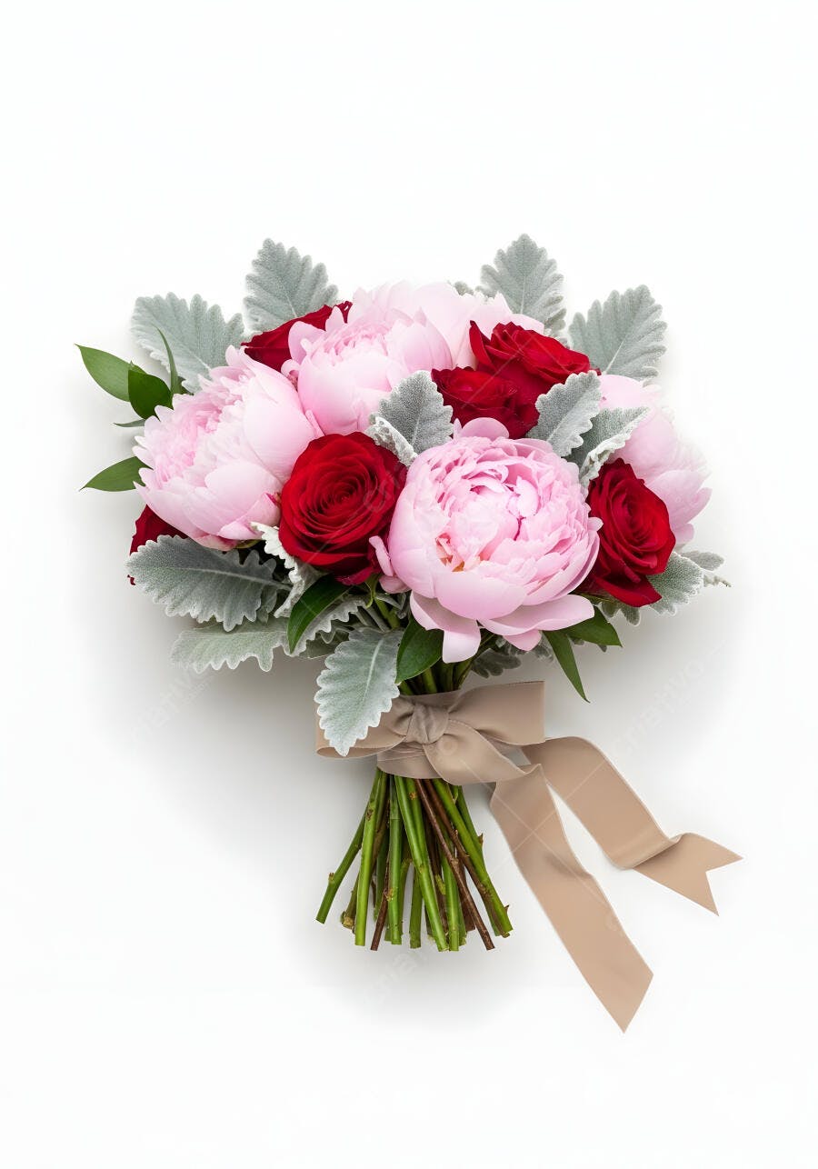Foto Buquê Rosas Vermelhas Peônias Rosadas Fundo Branco