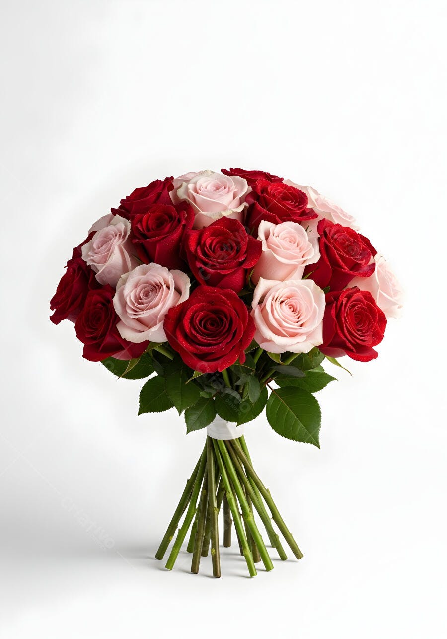 Foto Buquê de Rosas Vermelhas e Rosas Fundo Branco