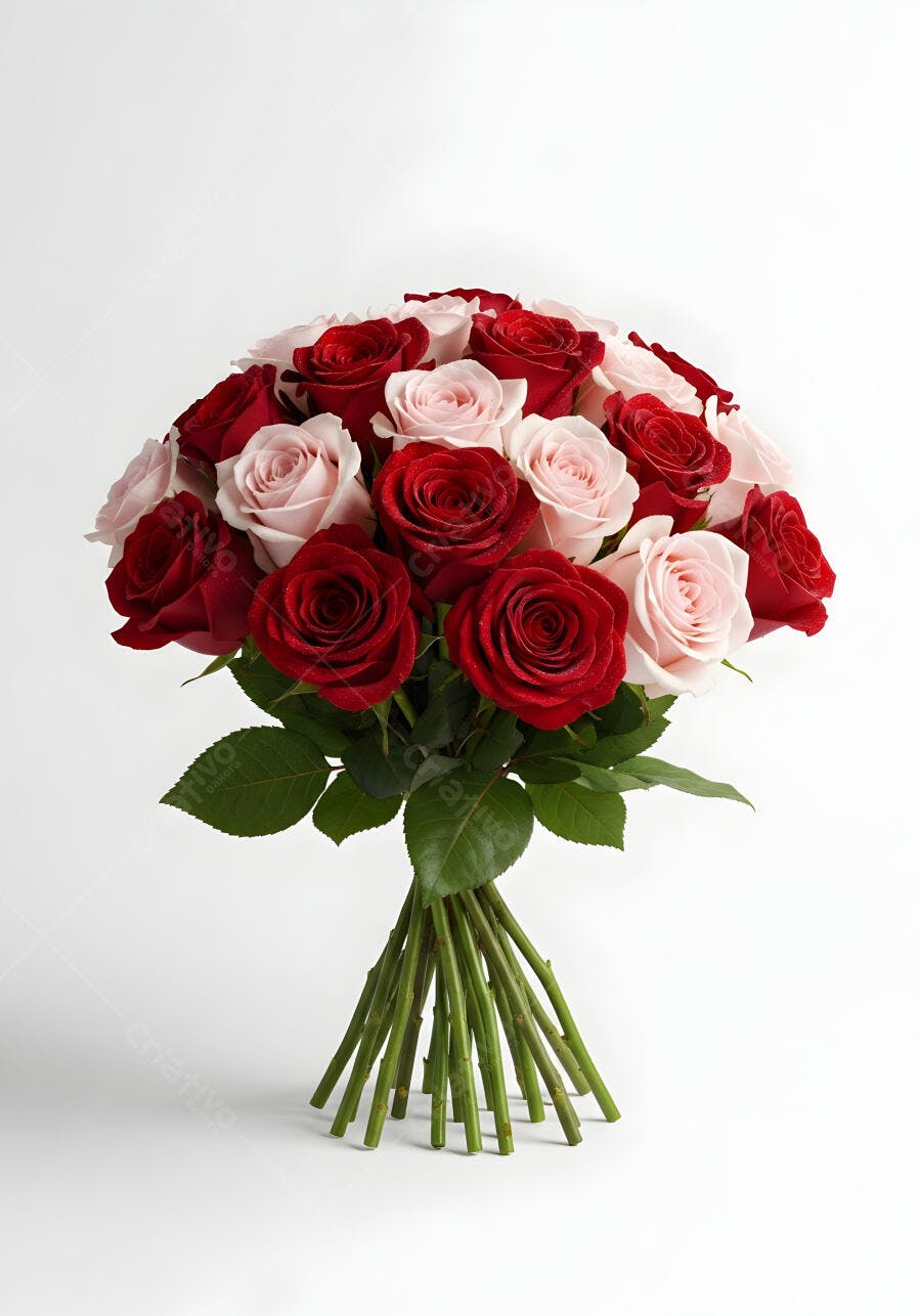Foto Buquê de Rosas Vermelhas e Rosas Claras Fundo Branco