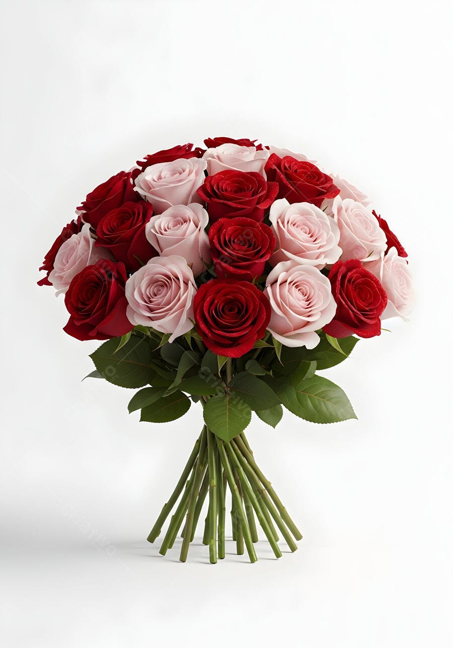 Foto Buquê de Rosas Vermelhas e Rosas Claras Fundo Branco