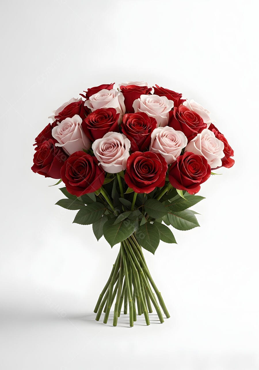 Foto Buquê de Rosas Vermelhas e Rosas Claras Fundo Branco