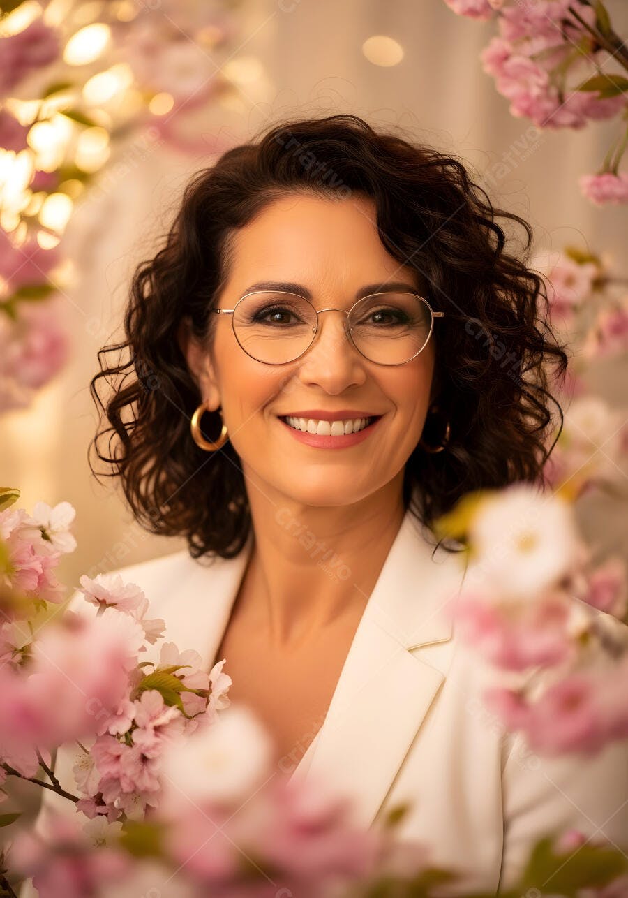 Foto Mulher Sorrindo Óculos Flores Rosas Fundo Desfocado