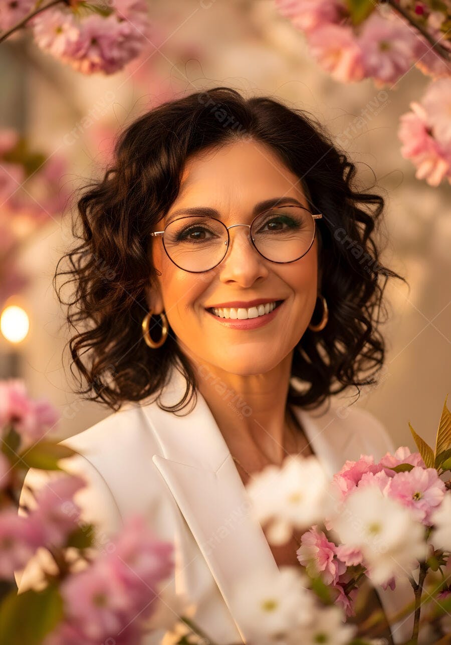 Foto Mulher Madura Sorrindo Óculos Flores Rosas Naturais