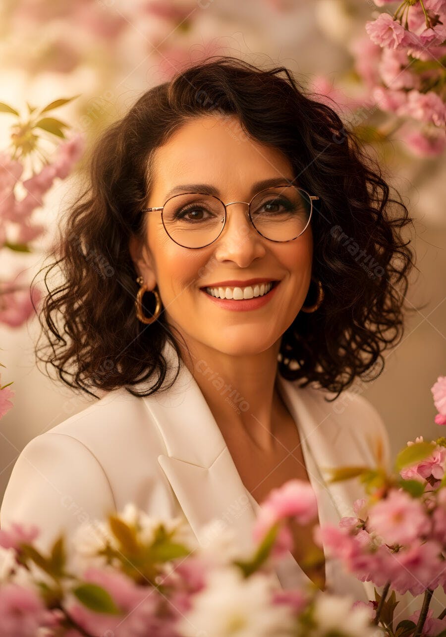 Foto Mulher Sorrindo Óculos Flores Rosas Retrato Profissional
