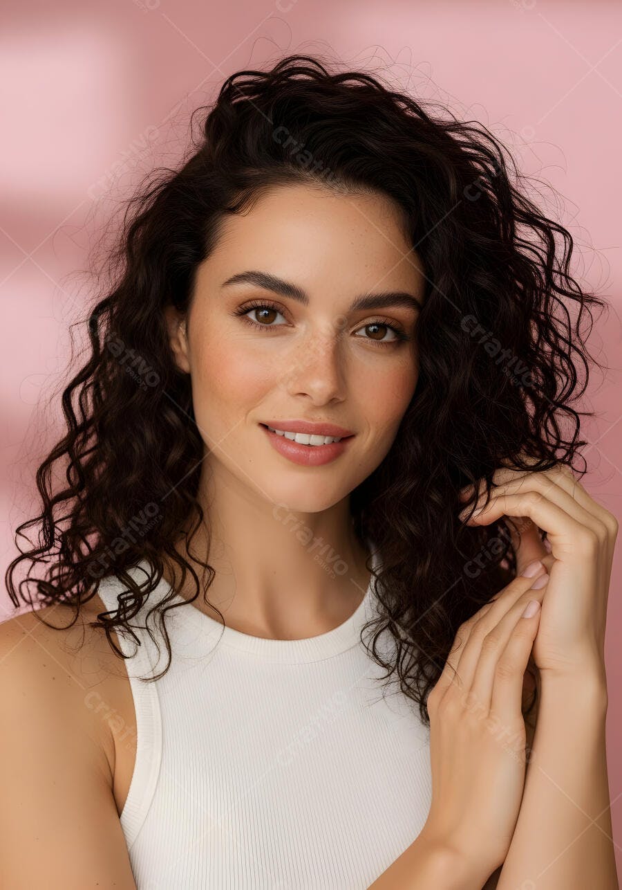 Foto Mulher Jovem Sorrindo Cabelo Cacheado Fundo Rosa