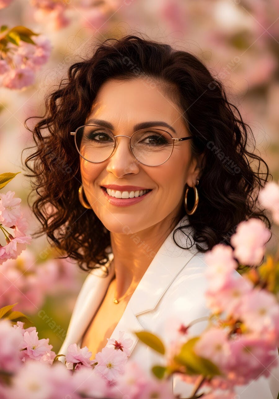 Foto Mulher Madura Sorrindo Óculos Flores Rosas Naturais