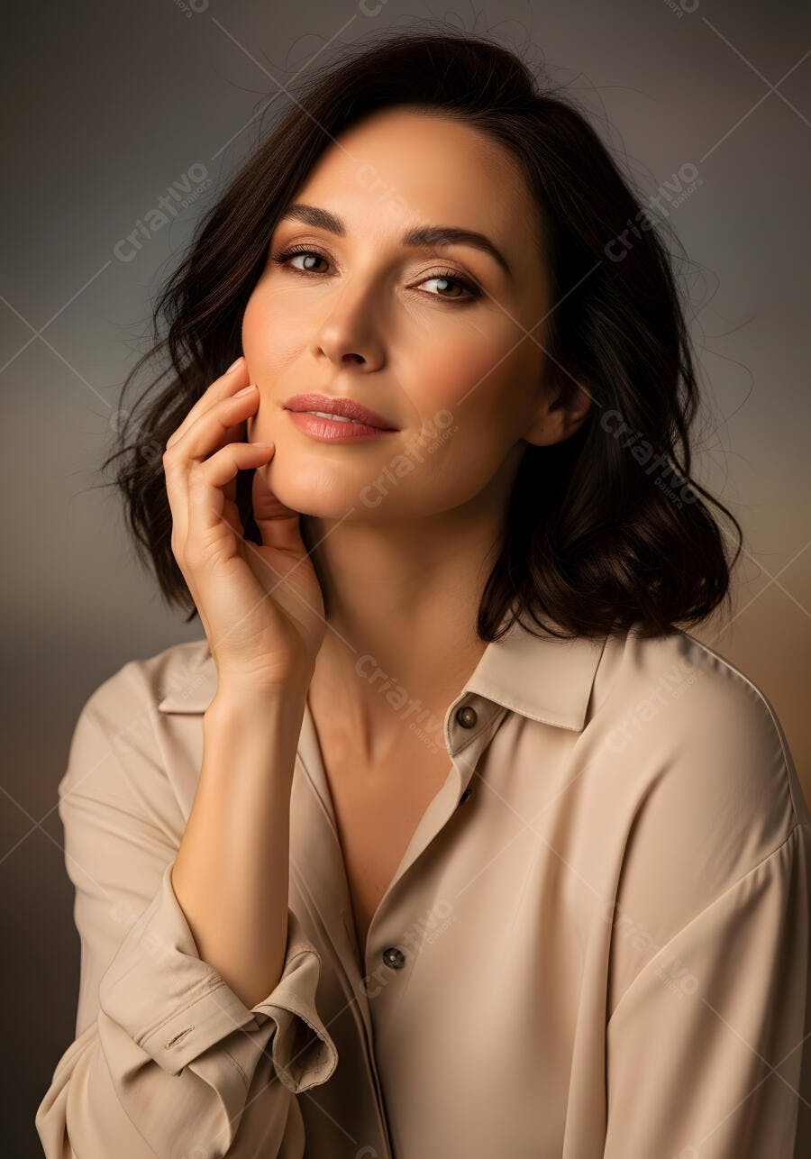 Foto Retrato Mulher Morena Elegante Posa Estúdio