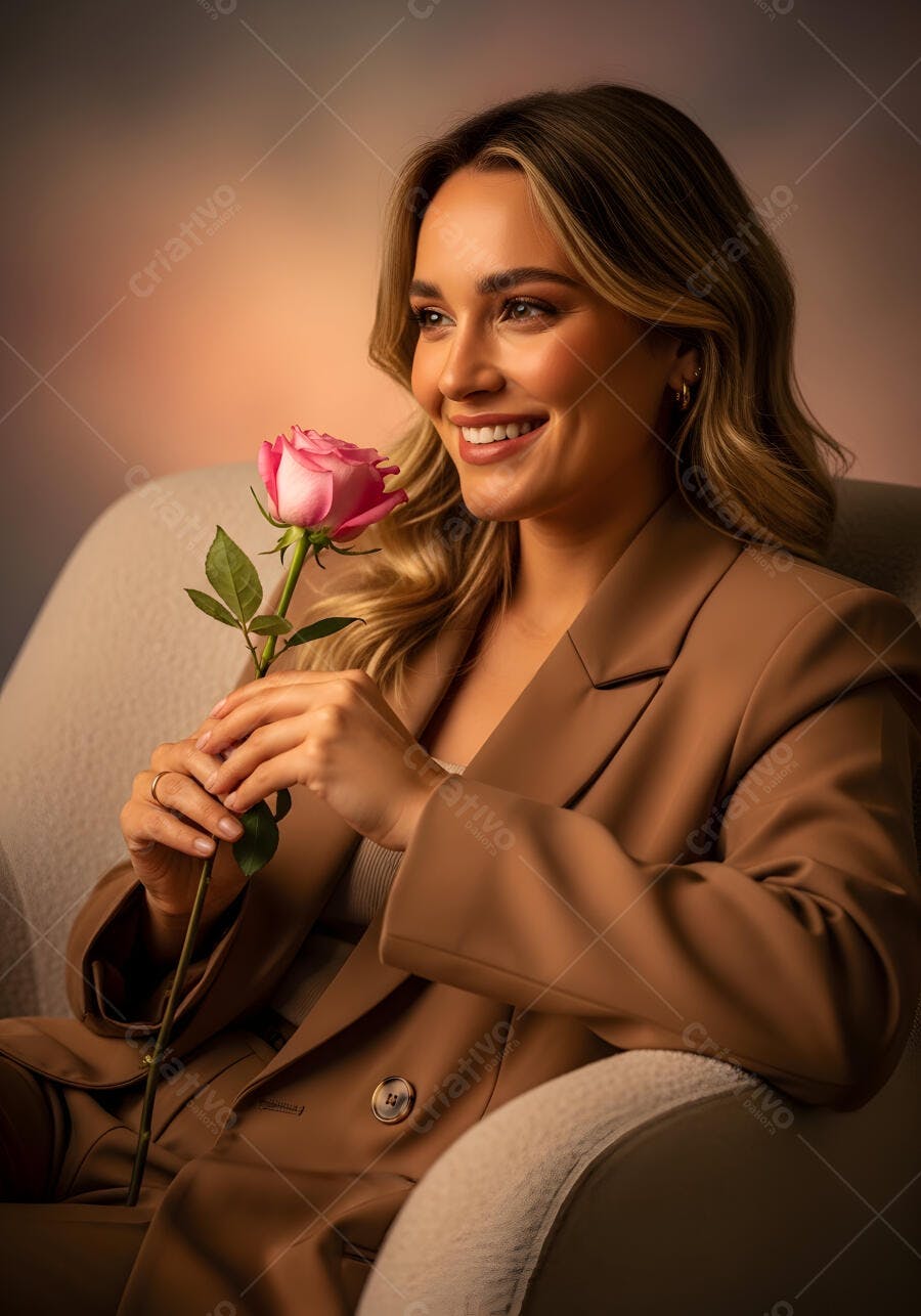 Foto Mulher Loira Sorrindo Segurando Rosa Rosa Estúdio