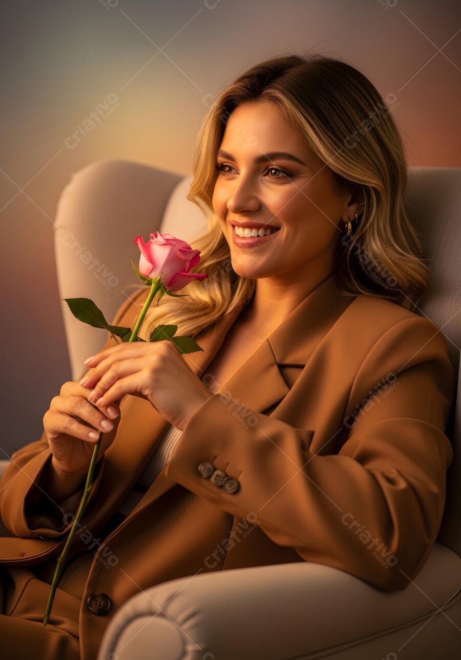 Foto Mulher Loira Sorrindo Segurando Rosa Rosa Poltrona