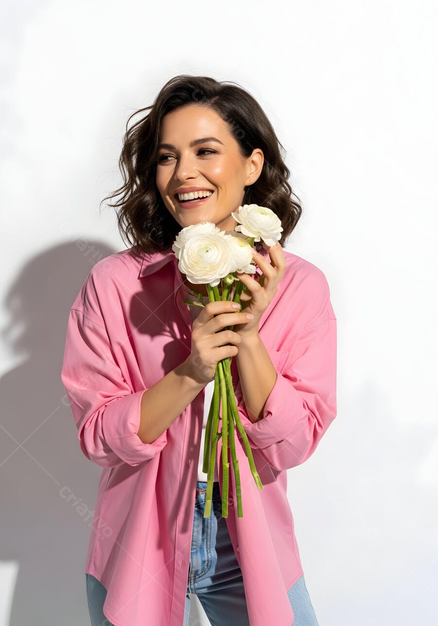 Foto Mulher Jovem Sorrindo Segurando Flores Brancas Ranúnculos