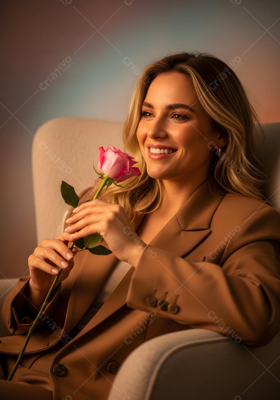 Foto Mulher Loira Sorrindo Segurando Rosa Rosa Poltrona