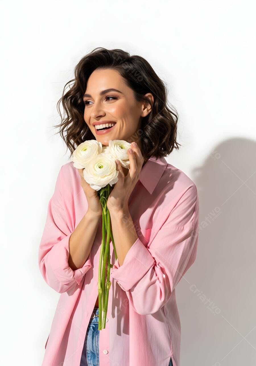 Foto Mulher Jovem Sorrindo Segurando Flores Brancas