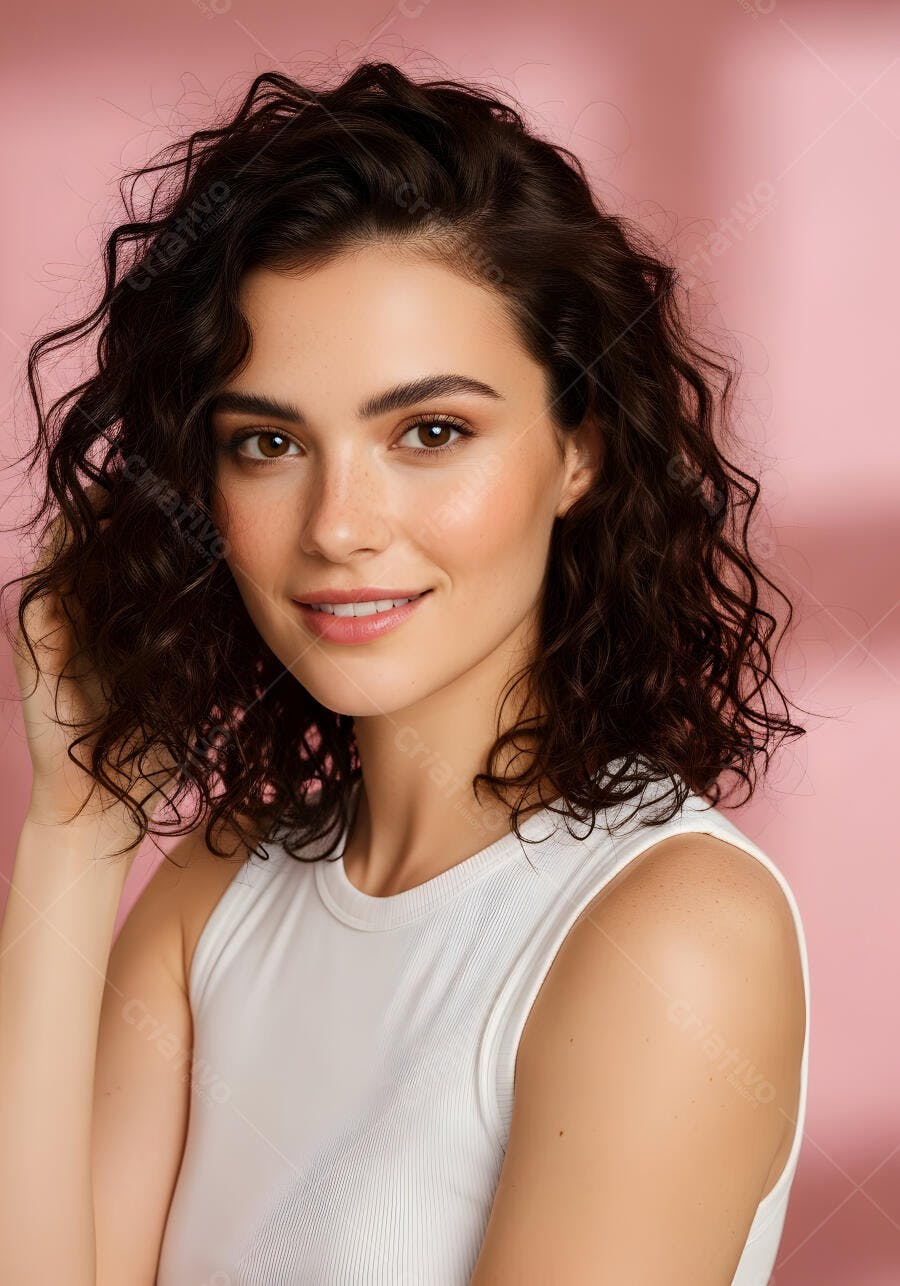 Foto Retrato Mulher Jovem Sorrindo Cabelo Cacheado Fundo Rosa