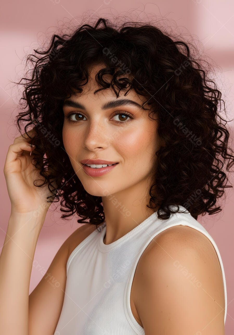 Foto Mulher Jovem Cabelo Cacheado Sorrindo Fundo Rosa Estúdio