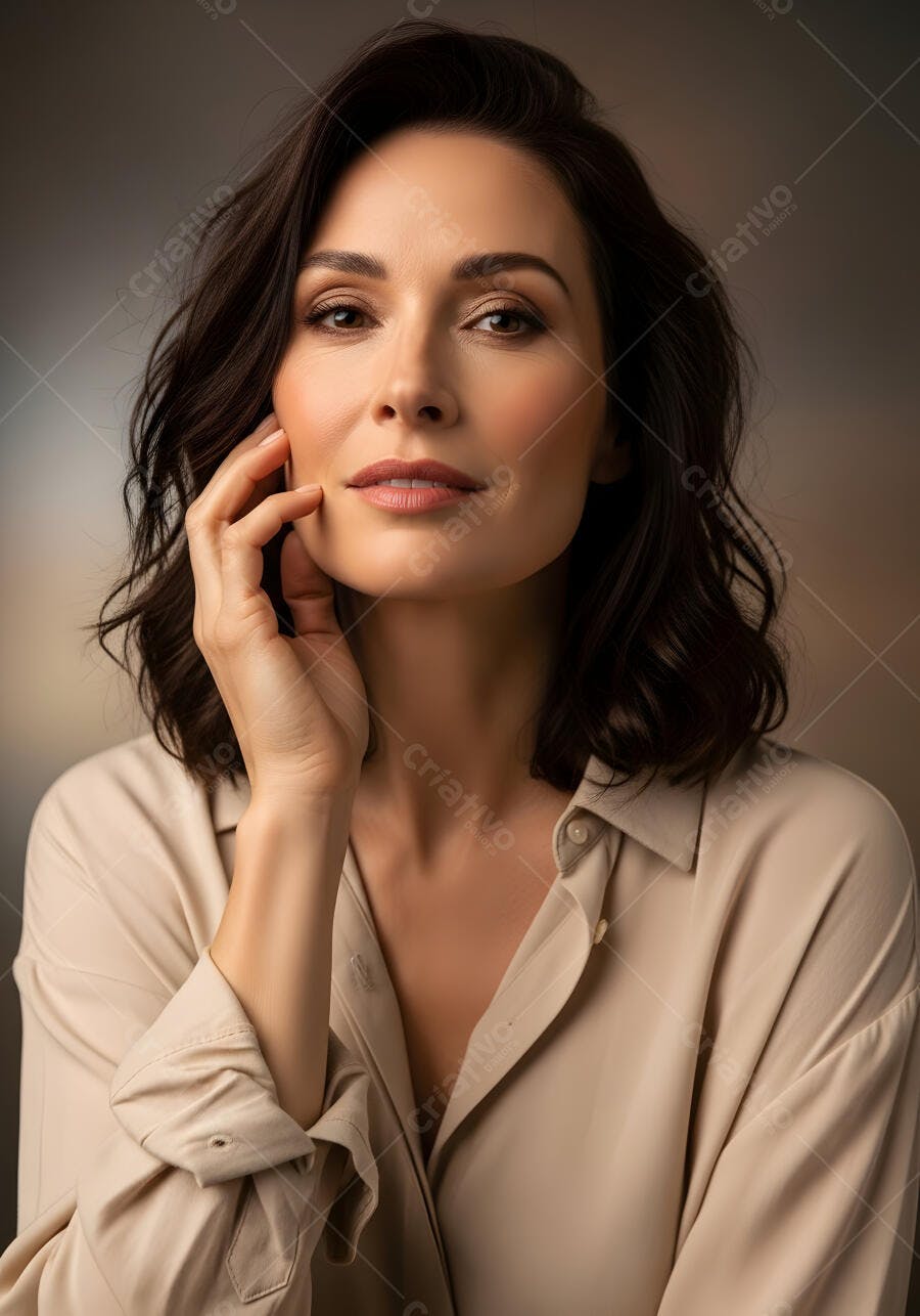 Foto Retrato Mulher Morena com Mão no Rosto Estúdio