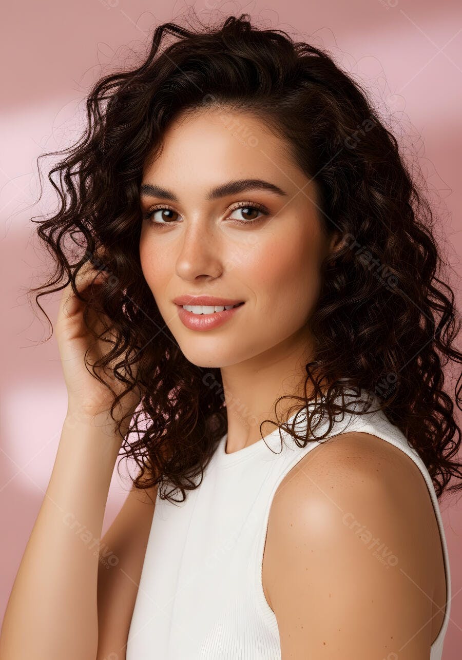 Foto Retrato Mulher Jovem Sorrindo Cabelo Cacheado Fundo Rosa