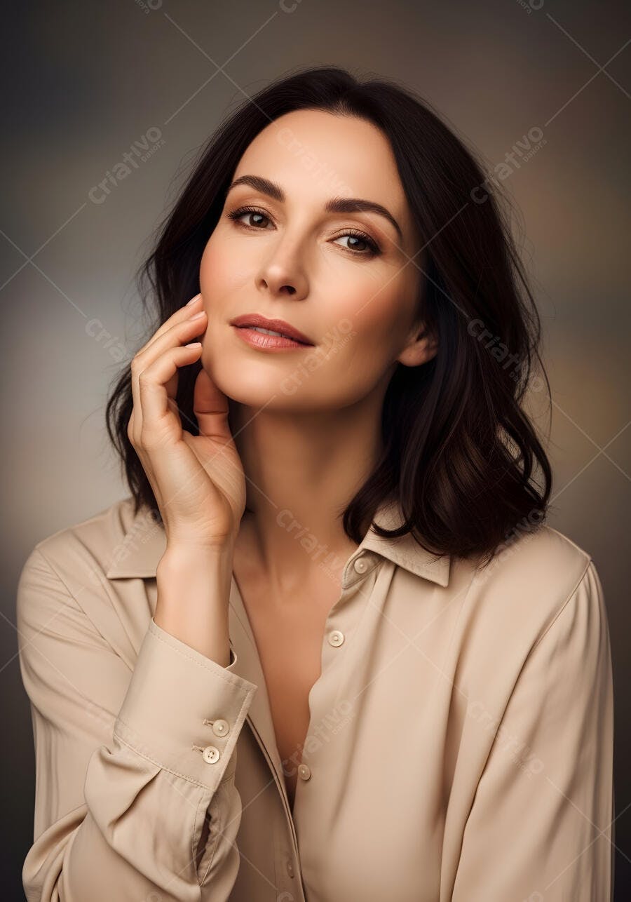 Foto Retrato Mulher Morena Elegante Camisa Bege Estúdio