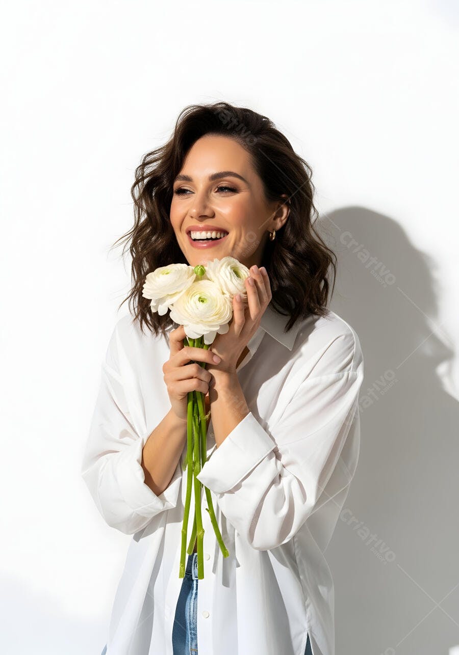 Foto Mulher Jovem Sorrindo Segurando Flores Brancas Ranúnculos