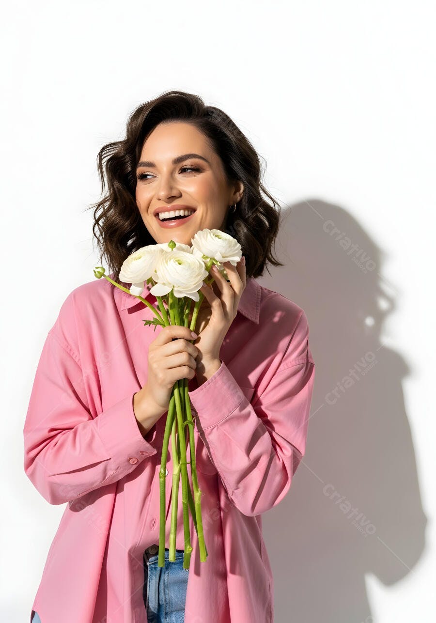 Foto Mulher Sorrindo Segurando Buquê Flores Brancas Estúdio