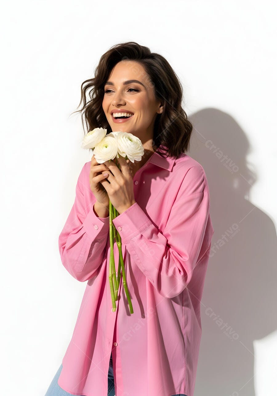Foto Mulher Sorrindo Segurando Flores Brancas Fundo Branco