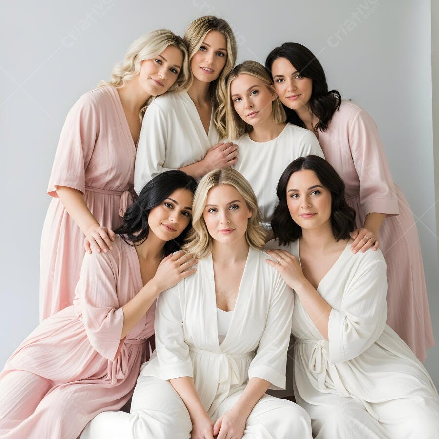 Foto Mulheres Amigas Vestidos Rosas Brancos Estúdio