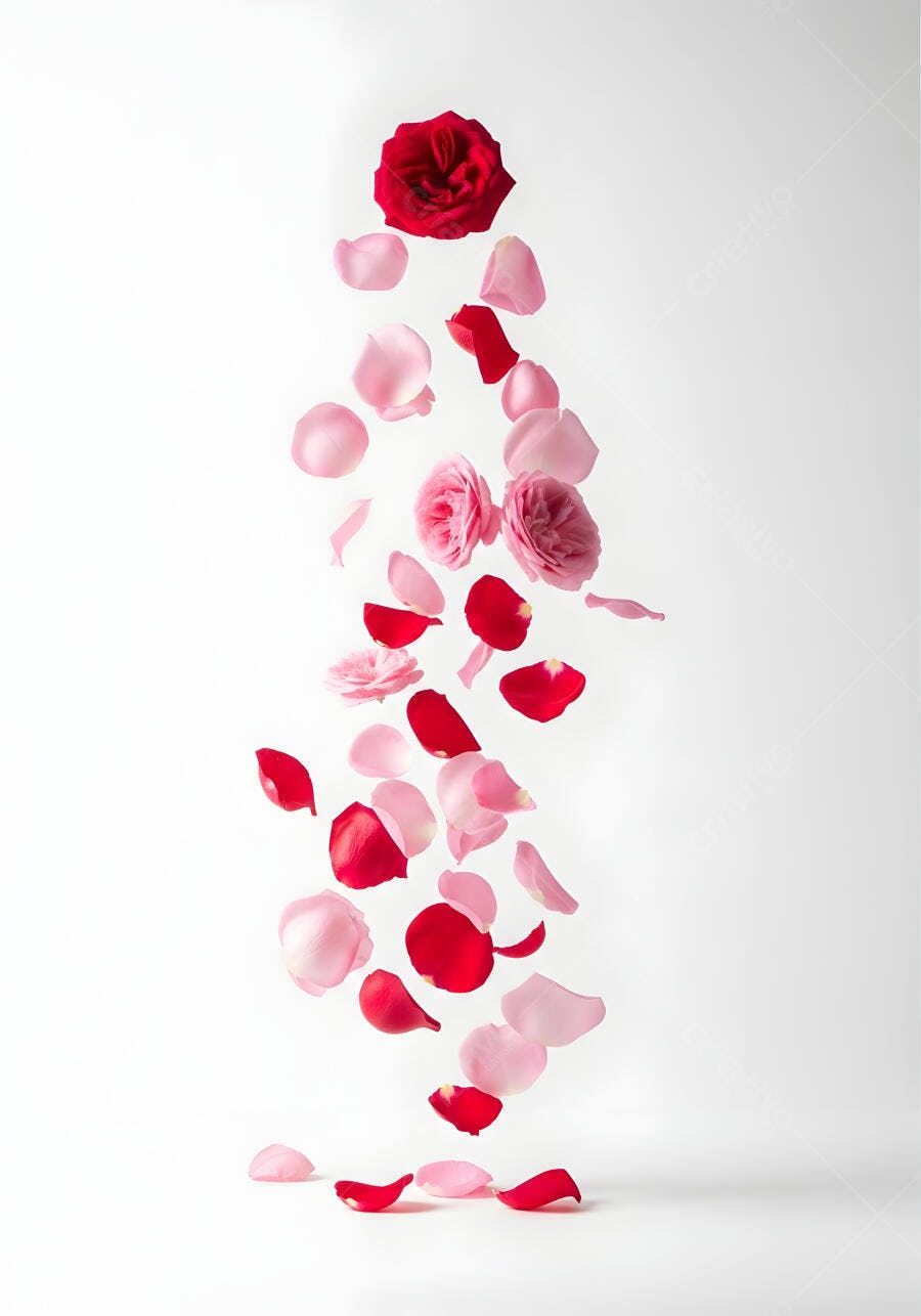 Foto Rosas Vermelhas e Pétalas Rosa Caindo Fundo Branco