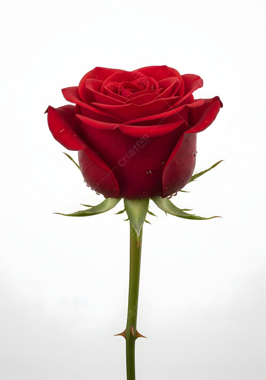 Foto Rosa Vermelha Botão Gotas de Água Fundo Branco